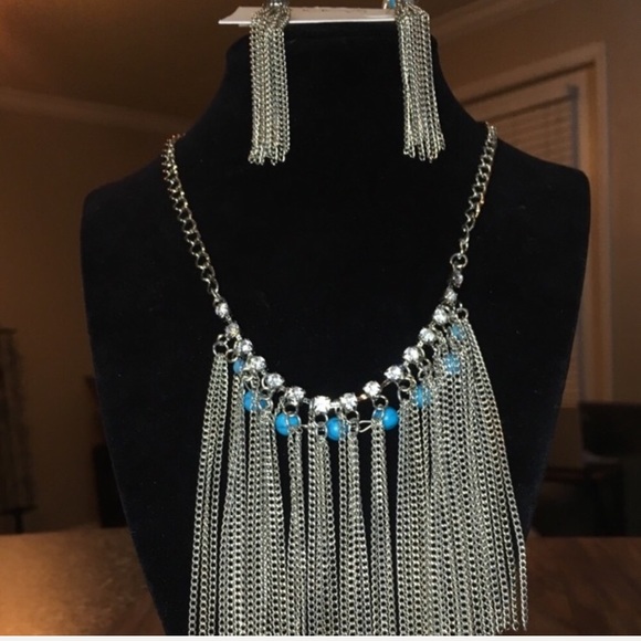 Silver & Turquoise Fringe Necklace/Earrings - Picture 7 of 10